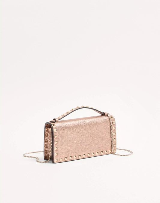 Rockstud Laminated Grainy Calfskin Wallet With Chain